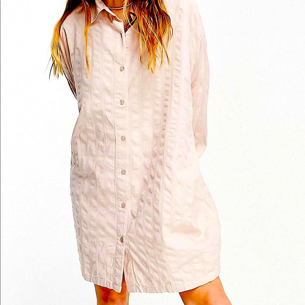 COLLUSION Organic cotton seersucker mini shirt dress in neutral